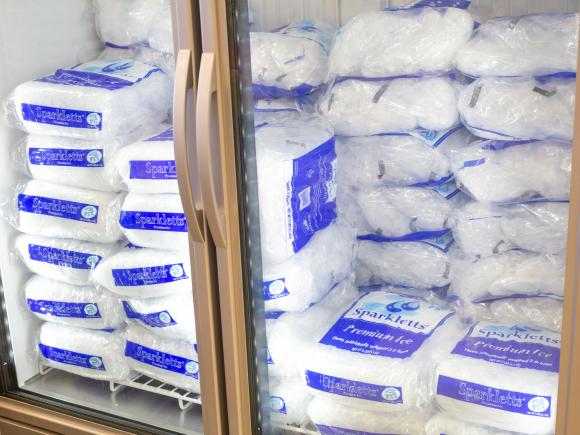 Bagged ice in a freezer